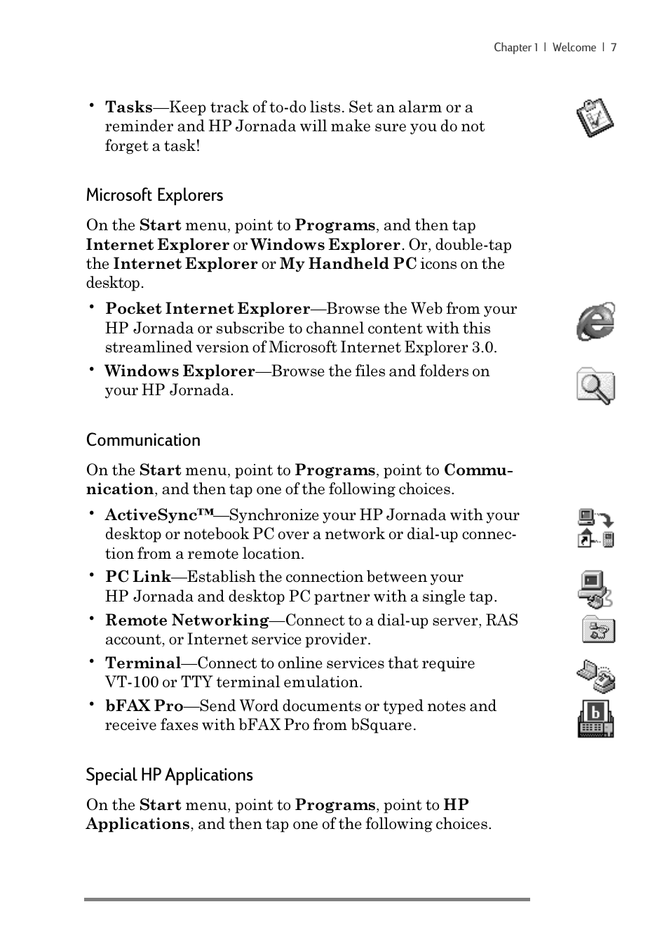 Microsoft explorers, Communication, Special hp applications | iSimple Handheld PC 680/680e User Manual | Page 13 / 202