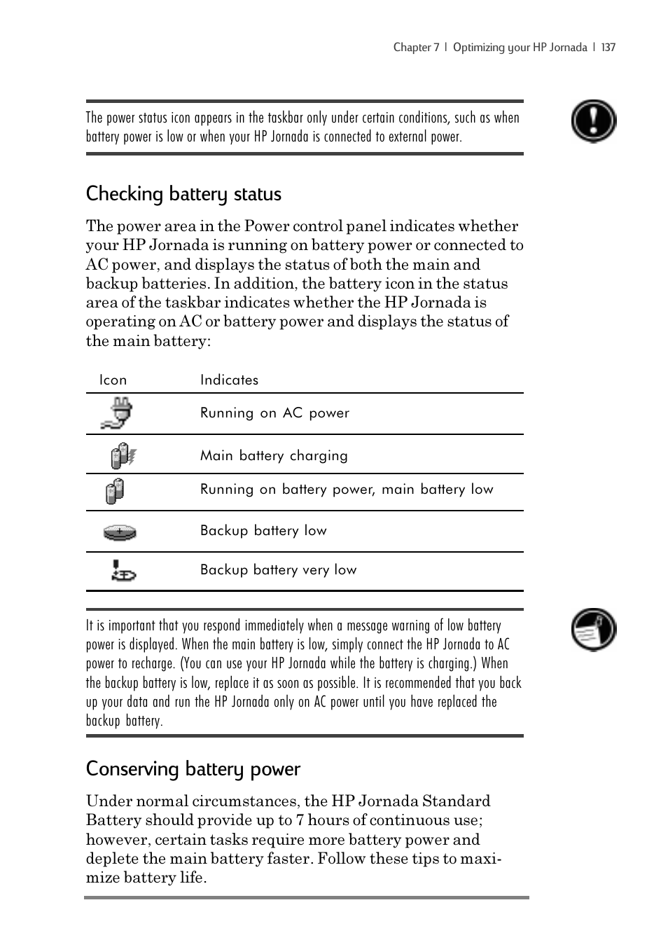 Checking battery status, Conserving battery power | iSimple Handheld PC 680/680e User Manual | Page 143 / 202