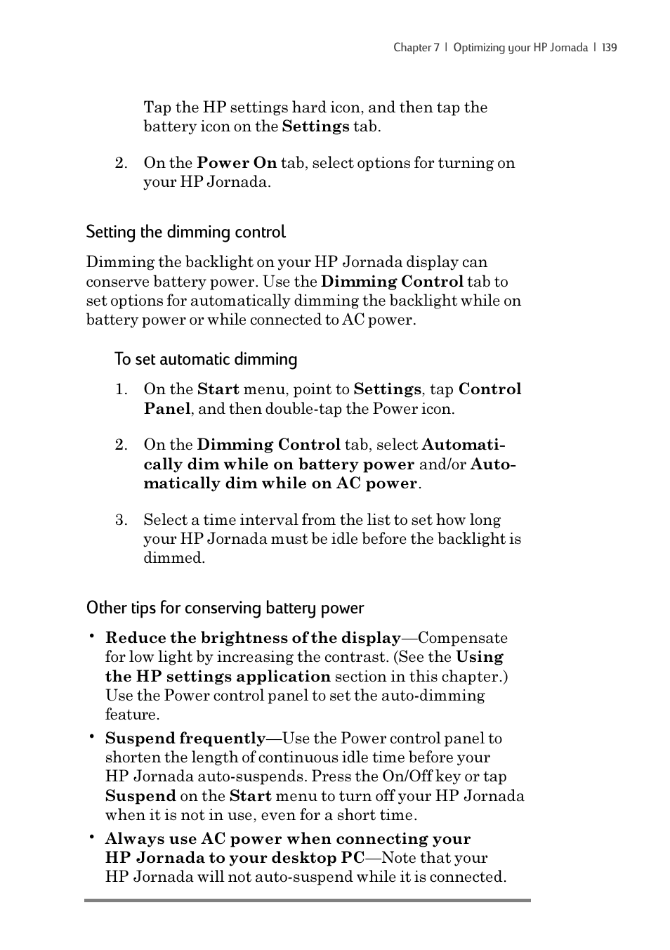 Setting the dimming control, Other tips for conserving battery power | iSimple Handheld PC 680/680e User Manual | Page 145 / 202