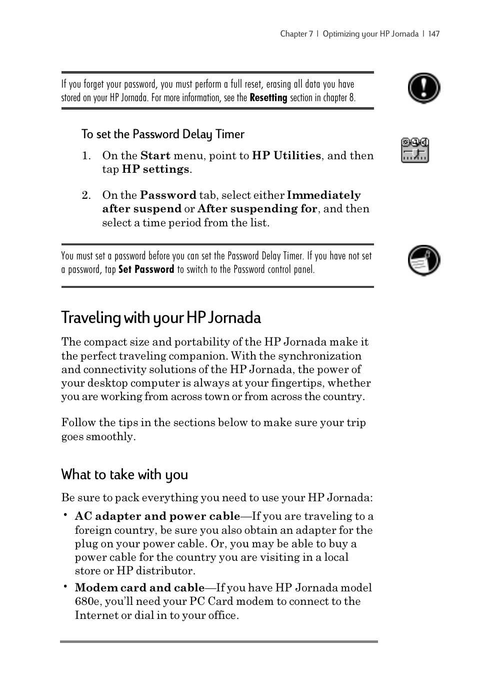 Traveling with your hp jornada, What to take with you | iSimple Handheld PC 680/680e User Manual | Page 153 / 202