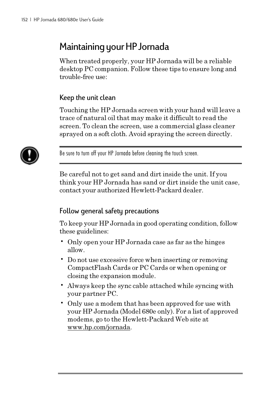 Maintaining your hp jornada, Keep the unit clean, Follow general safety precautions | iSimple Handheld PC 680/680e User Manual | Page 158 / 202