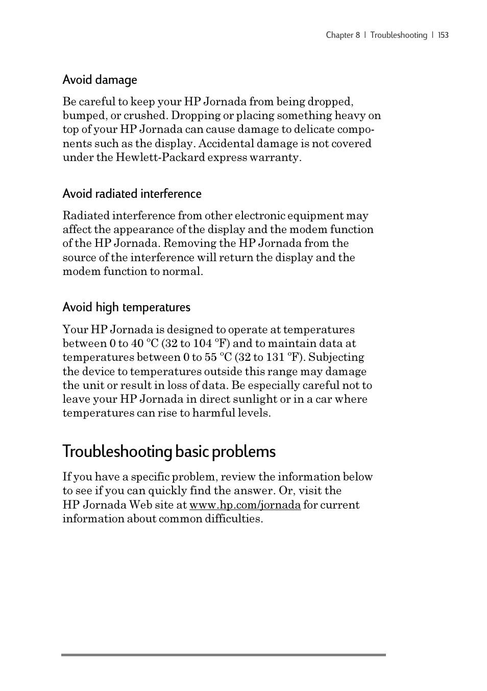 Troubleshooting basic problems, Avoid damage, Avoid radiated interference | Avoid high temperatures | iSimple Handheld PC 680/680e User Manual | Page 159 / 202