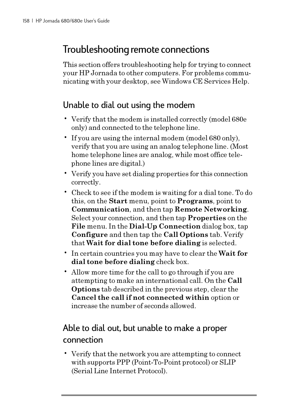 Troubleshooting remote connections, Unable to dial out using the modem | iSimple Handheld PC 680/680e User Manual | Page 164 / 202