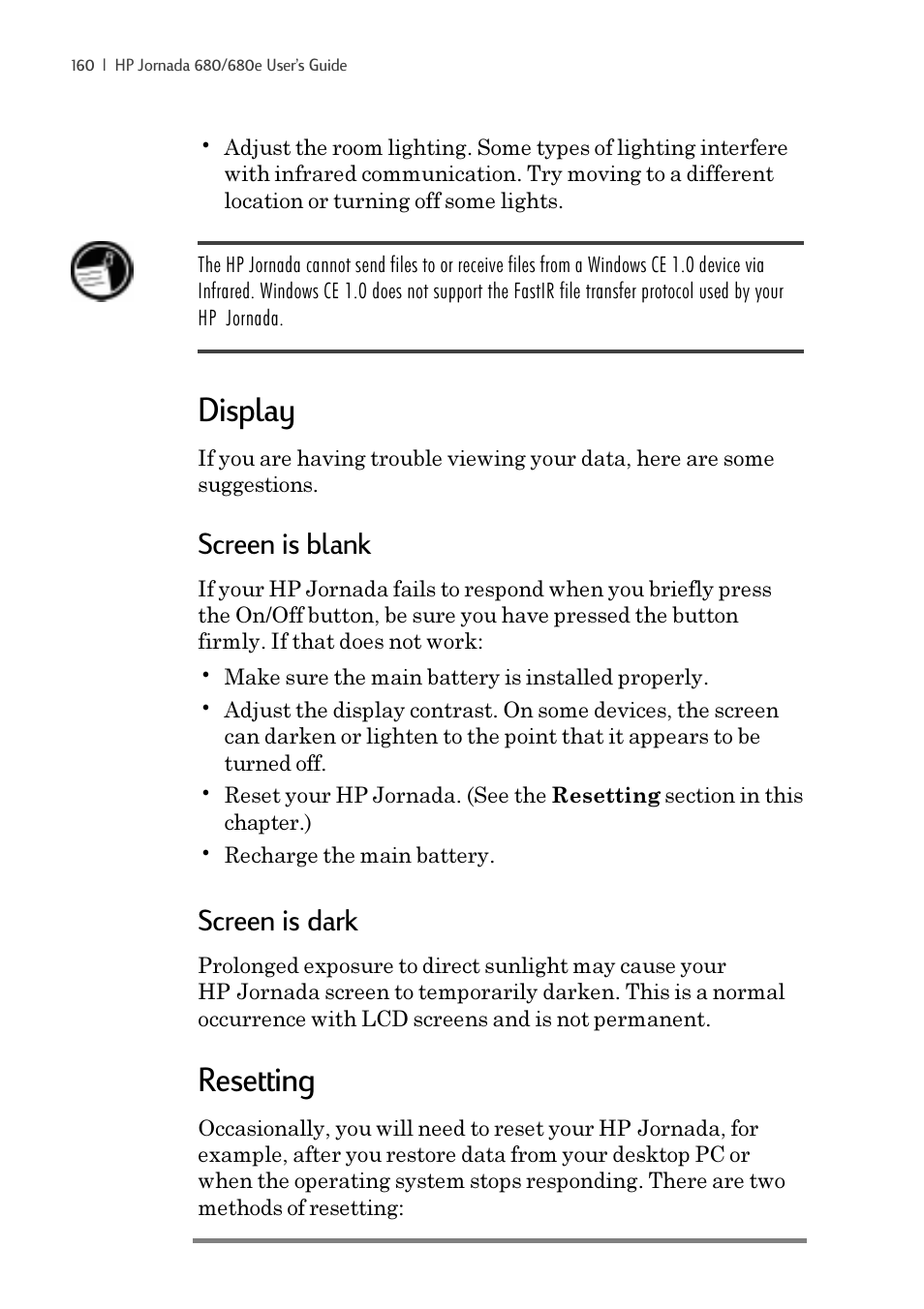 Display, Resetting, Screen is blank | Screen is dark | iSimple Handheld PC 680/680e User Manual | Page 166 / 202