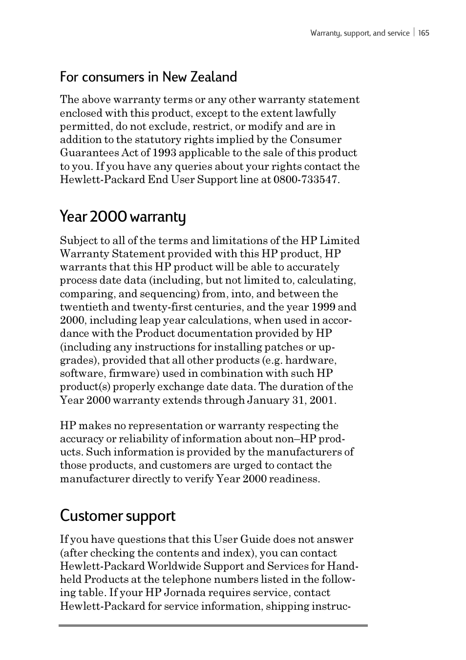 Year 2000 warranty, Customer support, For consumers in new zealand | iSimple Handheld PC 680/680e User Manual | Page 171 / 202