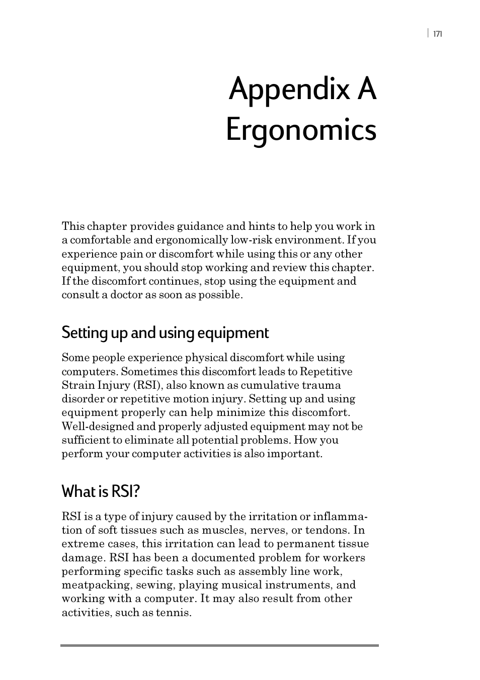 Appendix a ergonomics, Setting up and using equipment, What is rsi | iSimple Handheld PC 680/680e User Manual | Page 177 / 202