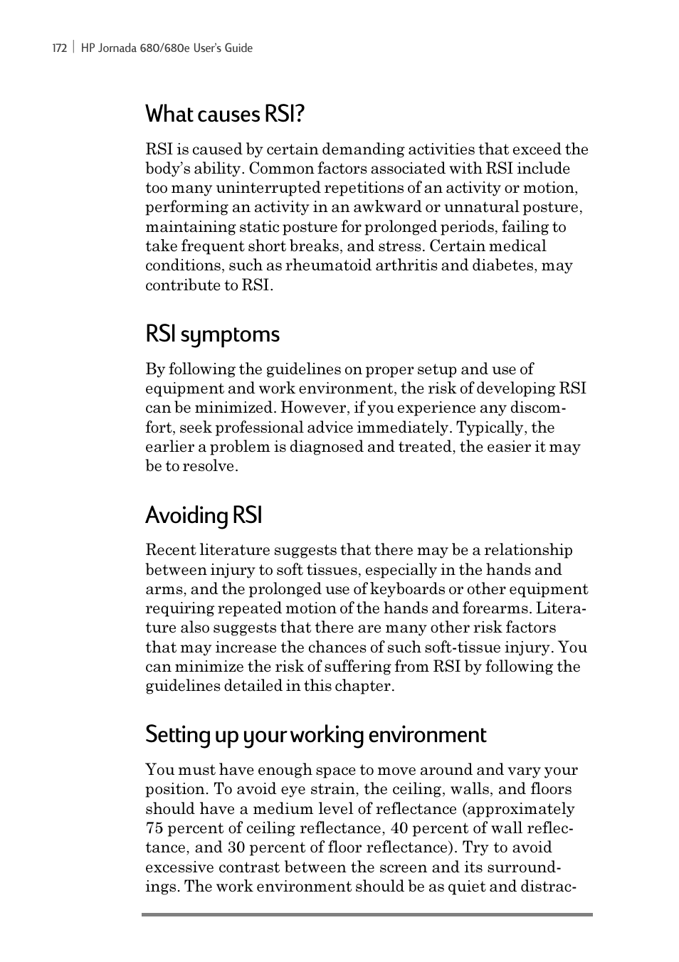 What causes rsi, Rsi symptoms, Avoiding rsi | Setting up your working environment | iSimple Handheld PC 680/680e User Manual | Page 178 / 202