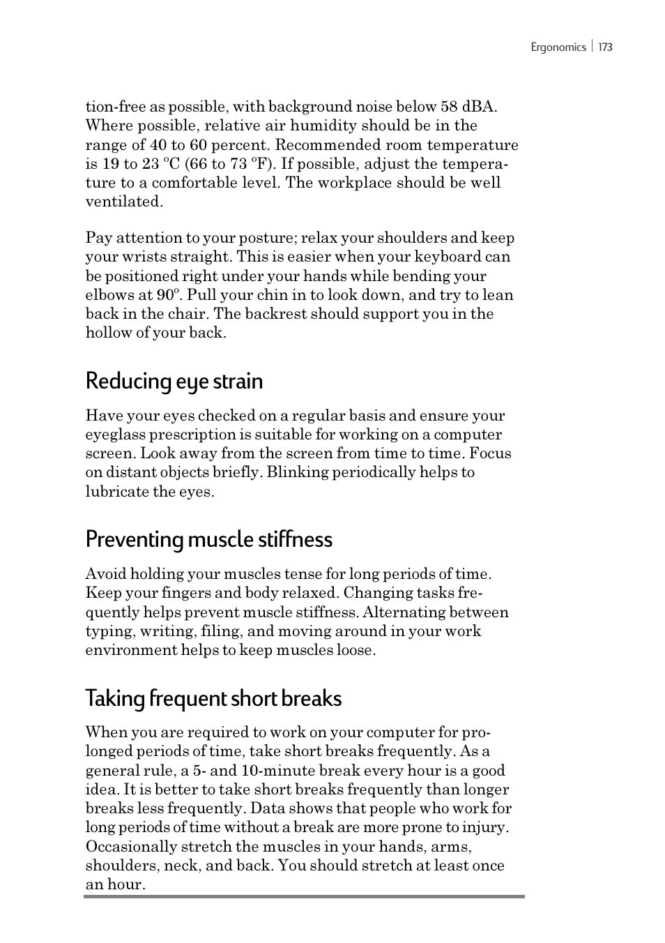 Reducing eye strain, Preventing muscle stiffness, Taking frequent short breaks | iSimple Handheld PC 680/680e User Manual | Page 179 / 202