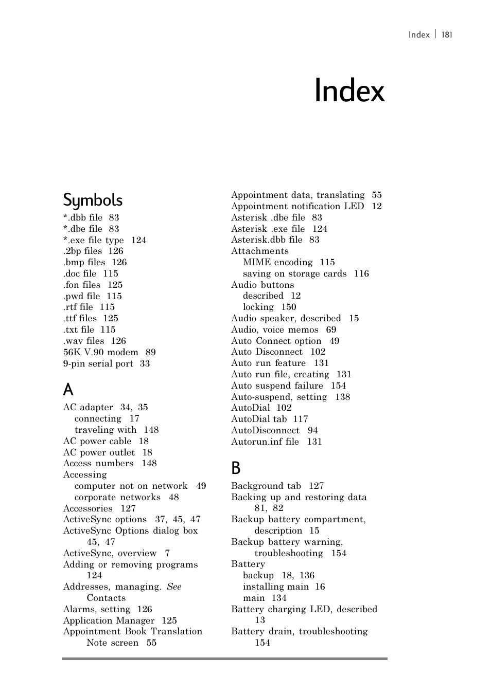 Index, Symbols | iSimple Handheld PC 680/680e User Manual | Page 187 / 202