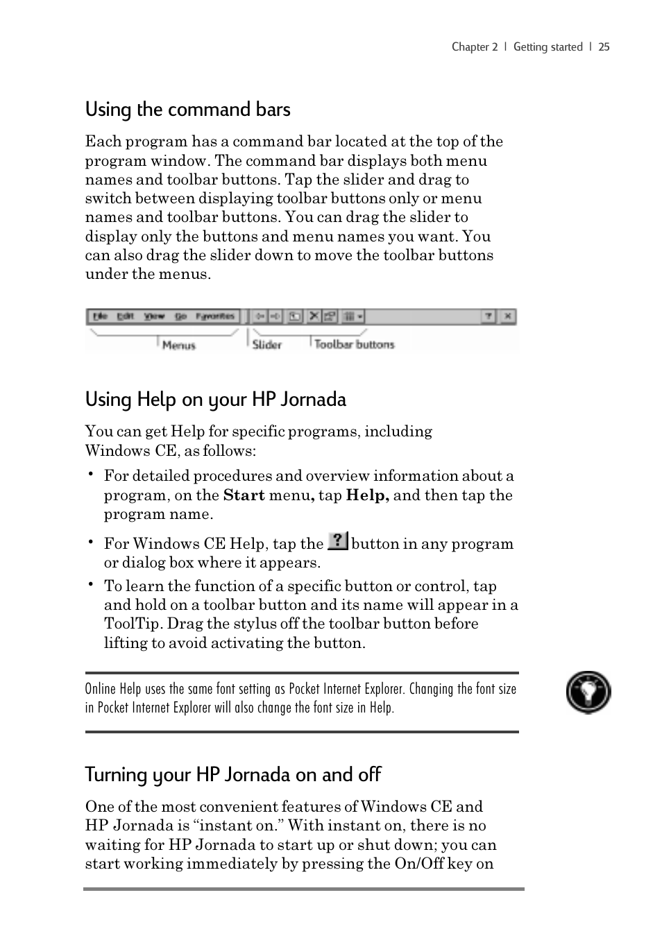 Using the command bars, Using help on your hp jornada, Turning your hp jornada on and off | iSimple Handheld PC 680/680e User Manual | Page 31 / 202