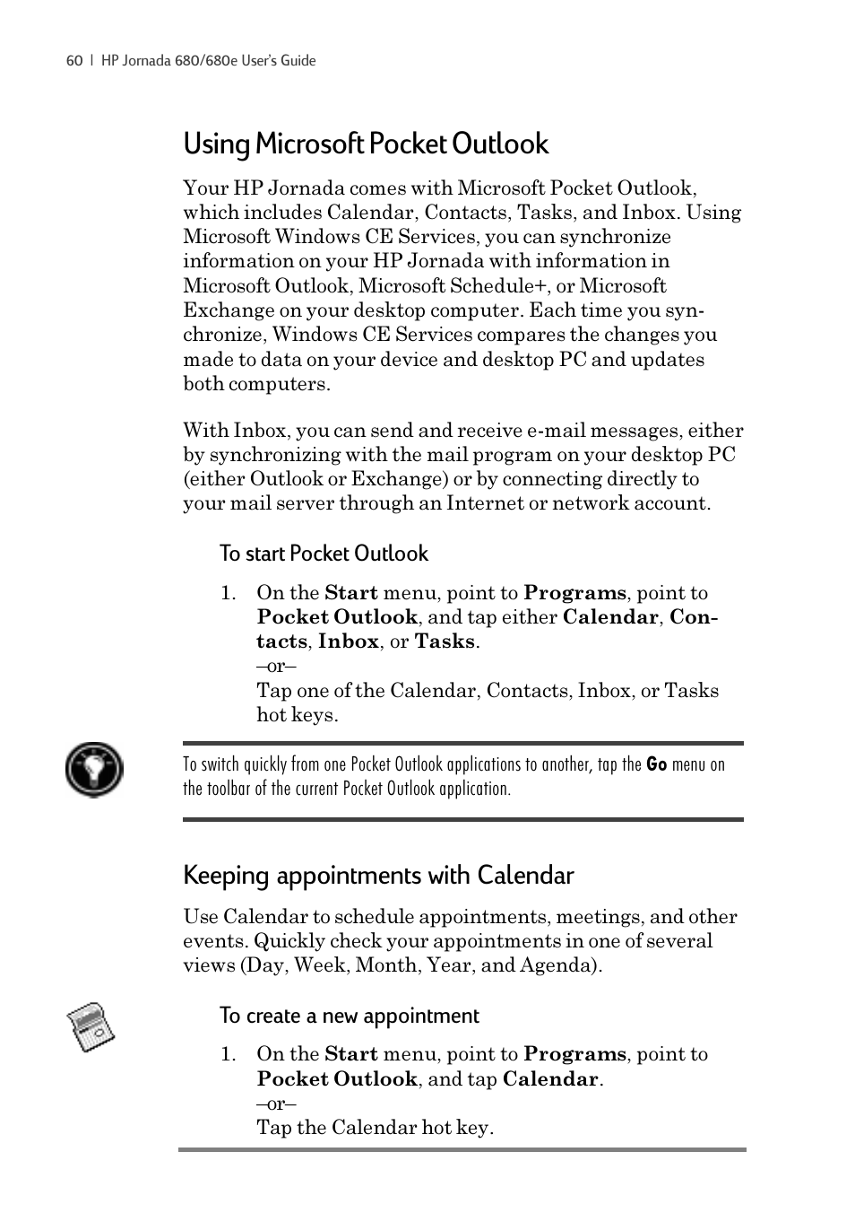 Using microsoft pocket outlook, Keeping appointments with calendar | iSimple Handheld PC 680/680e User Manual | Page 66 / 202