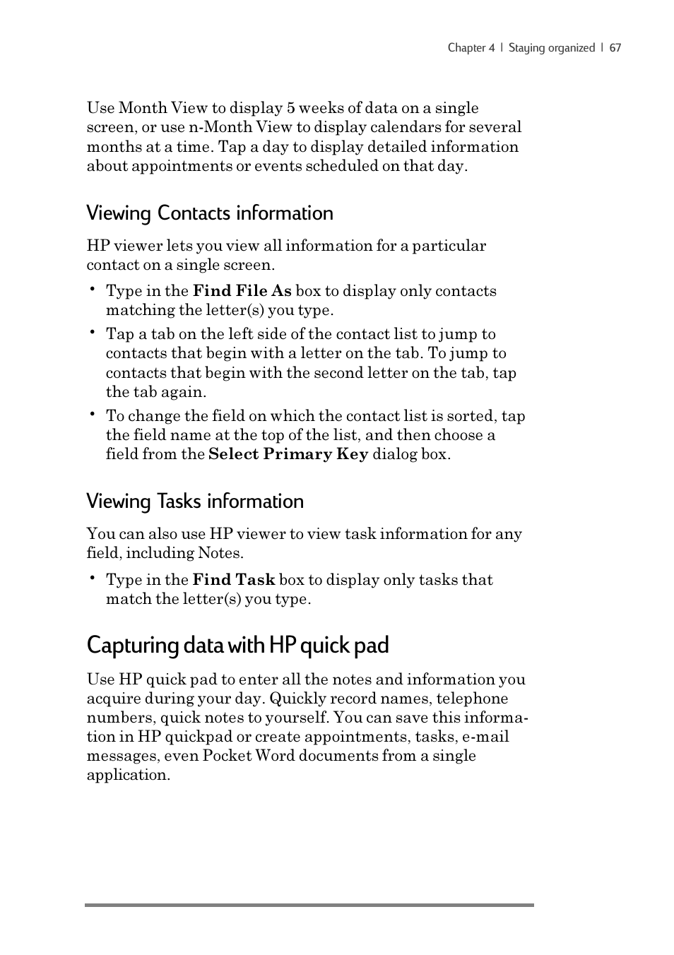 Capturing data with hp quick pad, Viewing contacts information, Viewing tasks information | iSimple Handheld PC 680/680e User Manual | Page 73 / 202