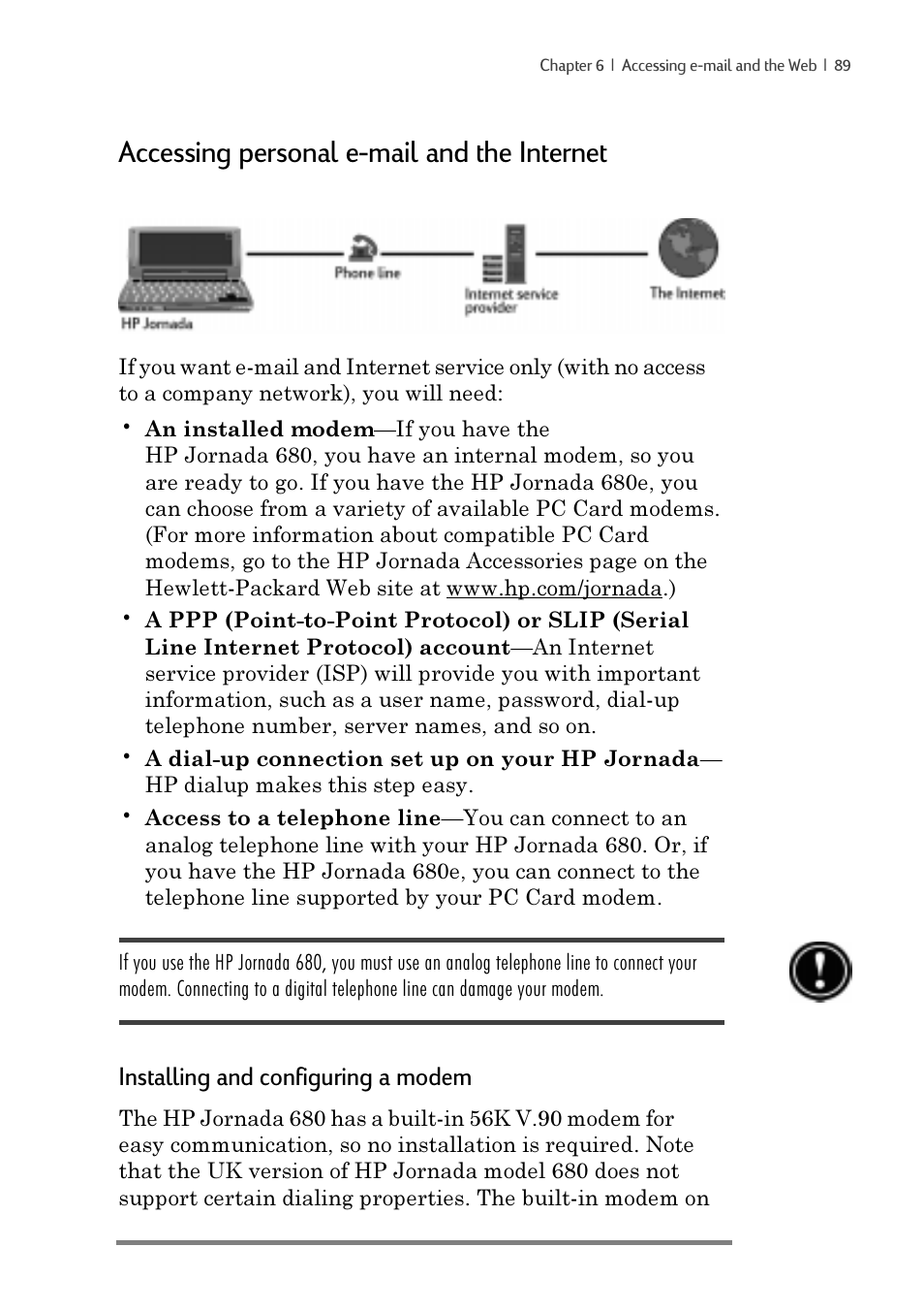 Accessing personal e-mail and the internet, Installing and configuring a modem | iSimple Handheld PC 680/680e User Manual | Page 95 / 202