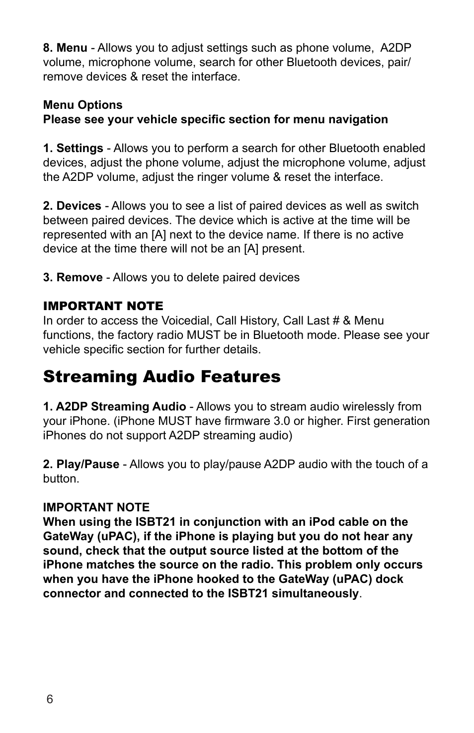 Streaming audio features | iSimple ISBT21 User Manual | Page 6 / 8
