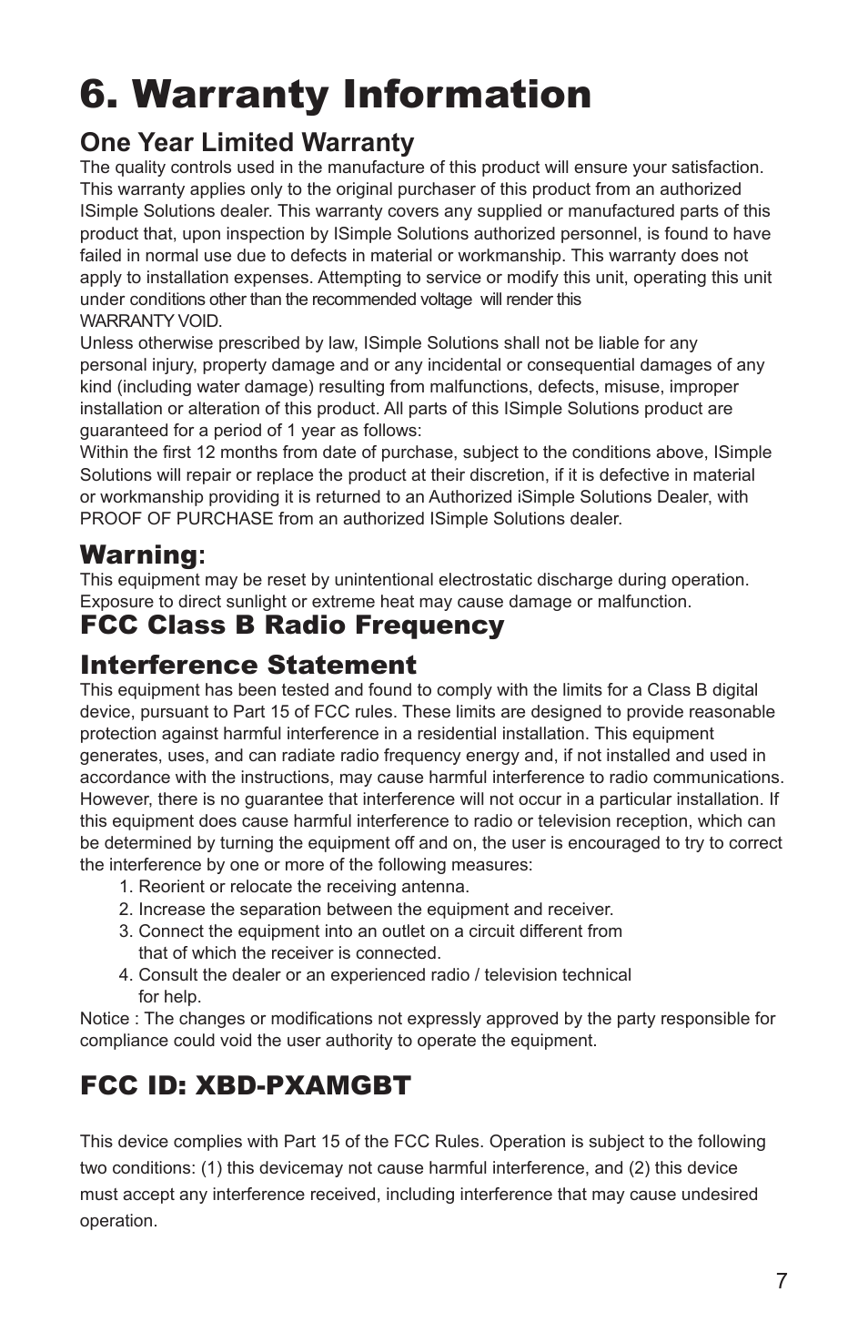 Warranty information, One year limited warranty, Warning | Fcc class b radio frequency interference statement, Fcc id: xbd-pxamgbt | iSimple ISBT21 User Manual | Page 7 / 8