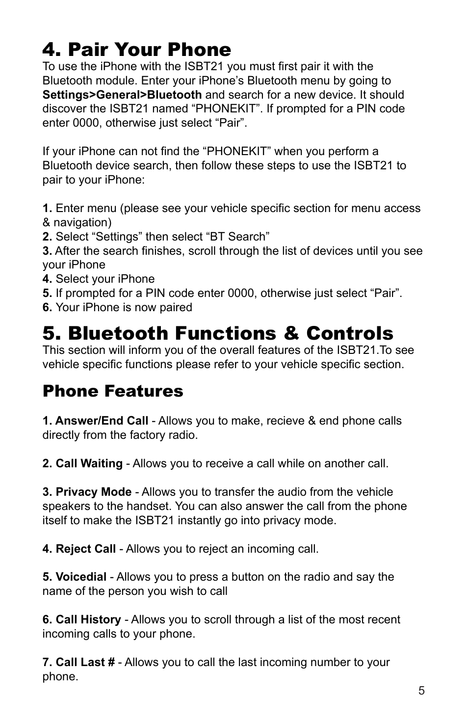 Pair your phone, Bluetooth functions & controls, Phone features | iSimple BLUSTREAM ISBT21 User Manual | Page 5 / 8