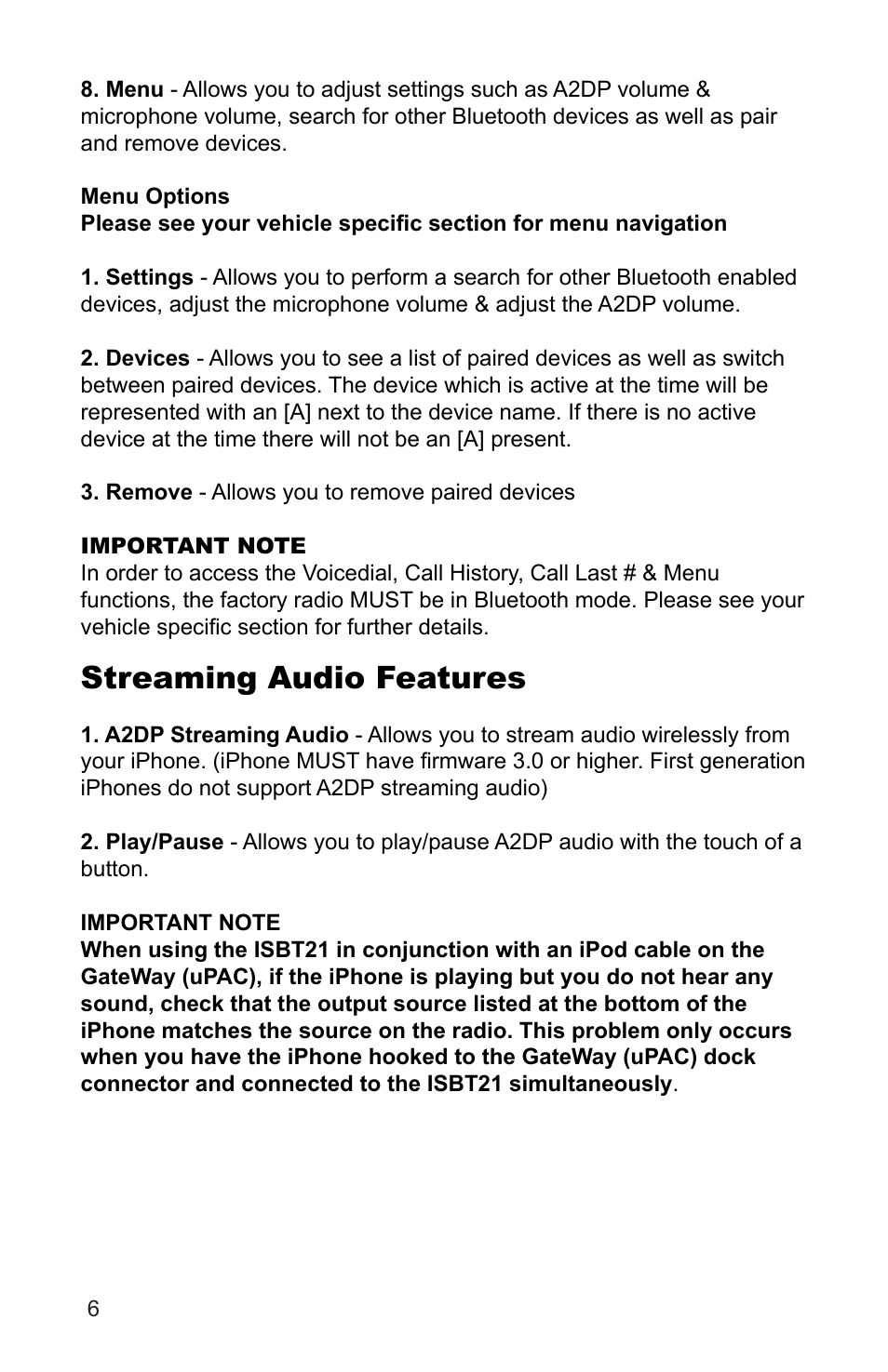 Streaming audio features | iSimple BLUSTREAM ISBT21 User Manual | Page 6 / 8