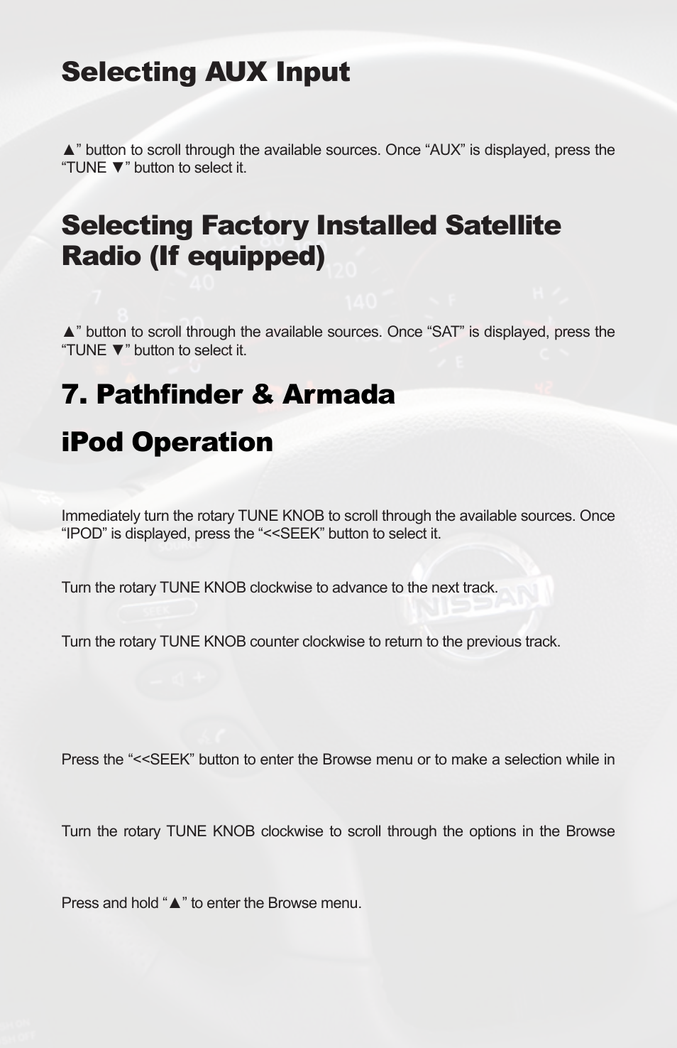 Selecting aux input, Pathfinder & armada ipod operation | iSimple PGHNI2 User Manual | Page 10 / 42