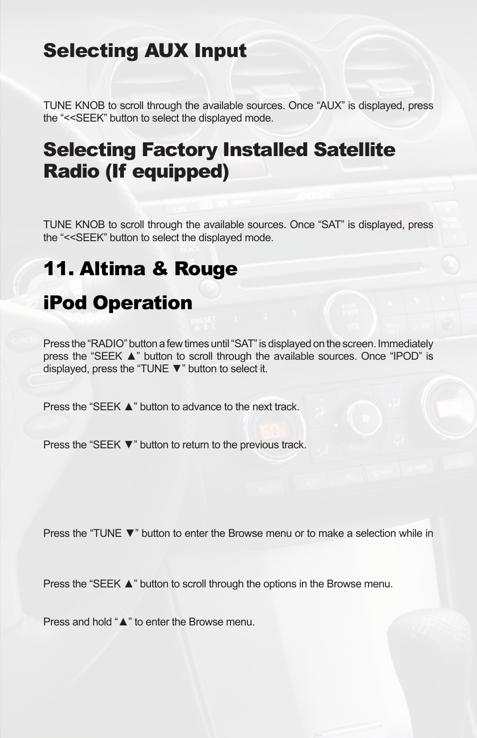 Selecting aux input, Altima & rouge ipod operation | iSimple PGHNI2 User Manual | Page 23 / 42