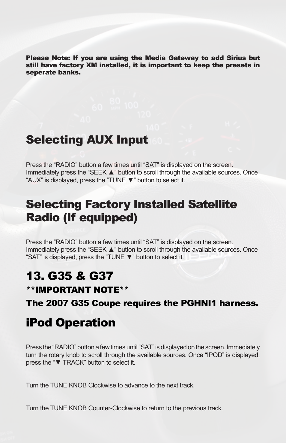 Selecting aux input, G35 & g37, Ipod operation | iSimple PGHNI2 User Manual | Page 30 / 42