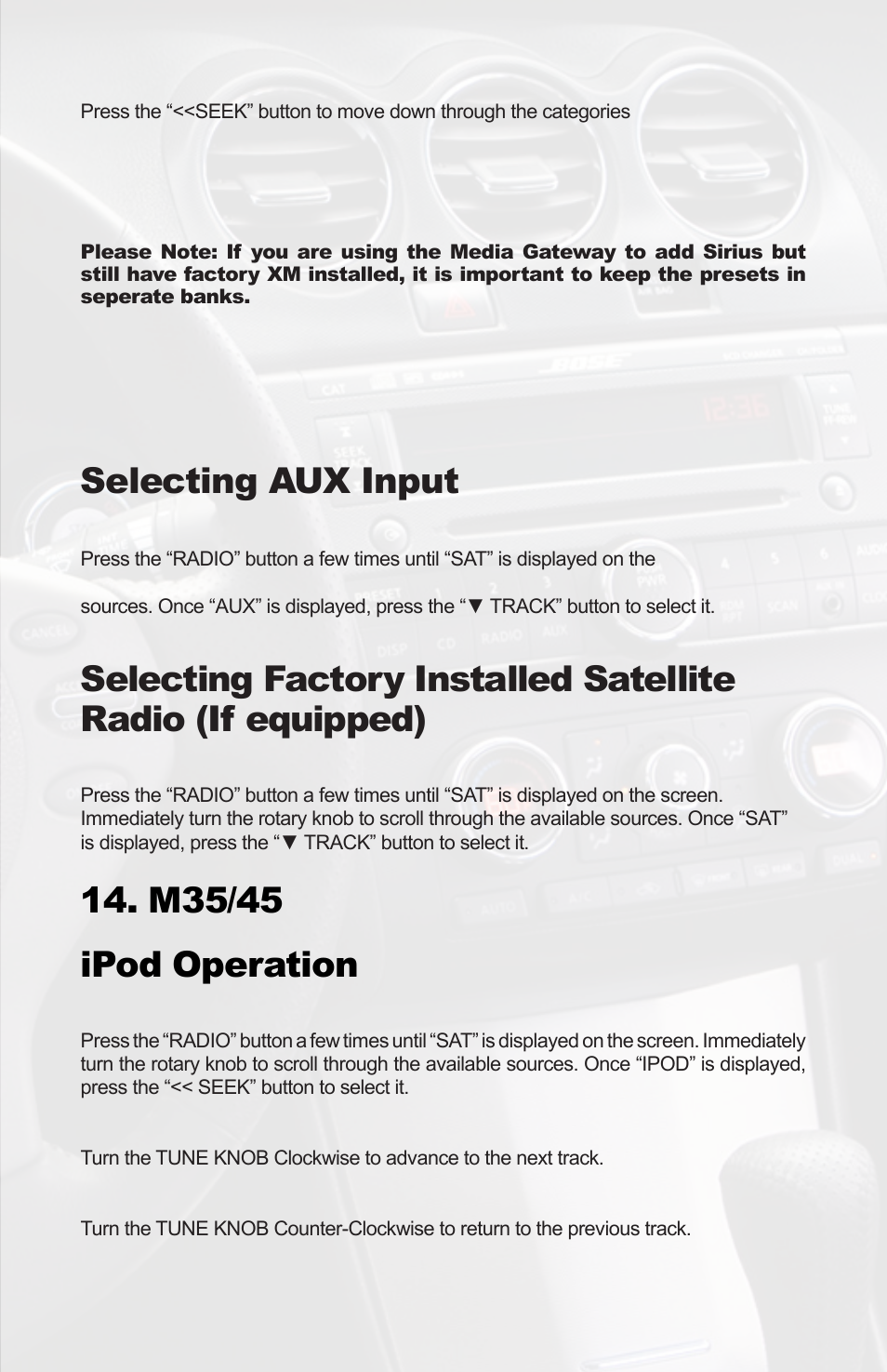 Selecting aux input, M35/45 ipod operation | iSimple PGHNI2 User Manual | Page 33 / 42