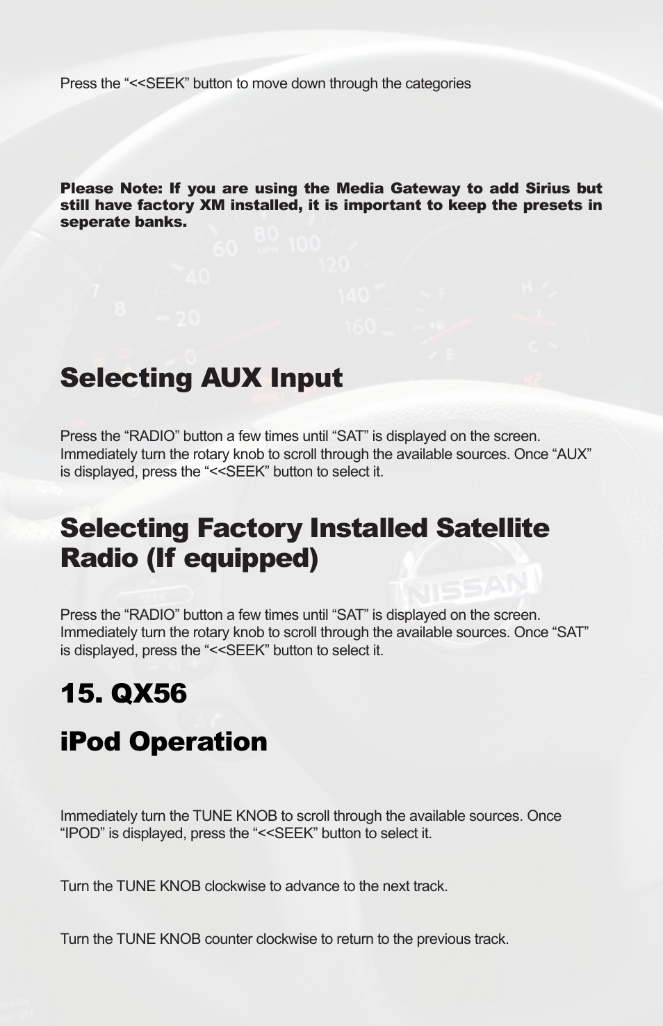 Selecting aux input, Qx56 ipod operation | iSimple PGHNI2 User Manual | Page 36 / 42