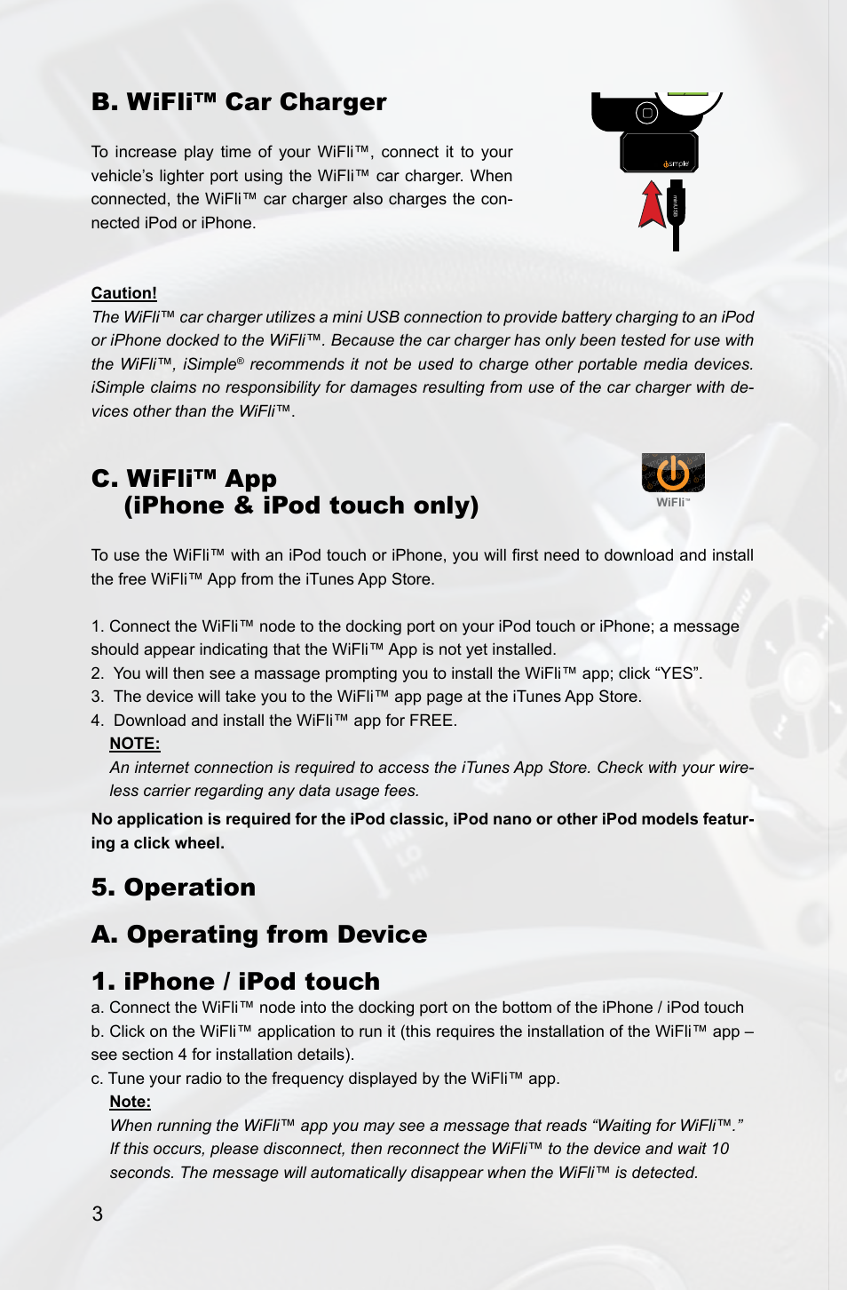 Left right, B. wifli™ car charger, C. wifli™ app (iphone & ipod touch only) | Wifli | iSimple IS713 User Manual | Page 6 / 12