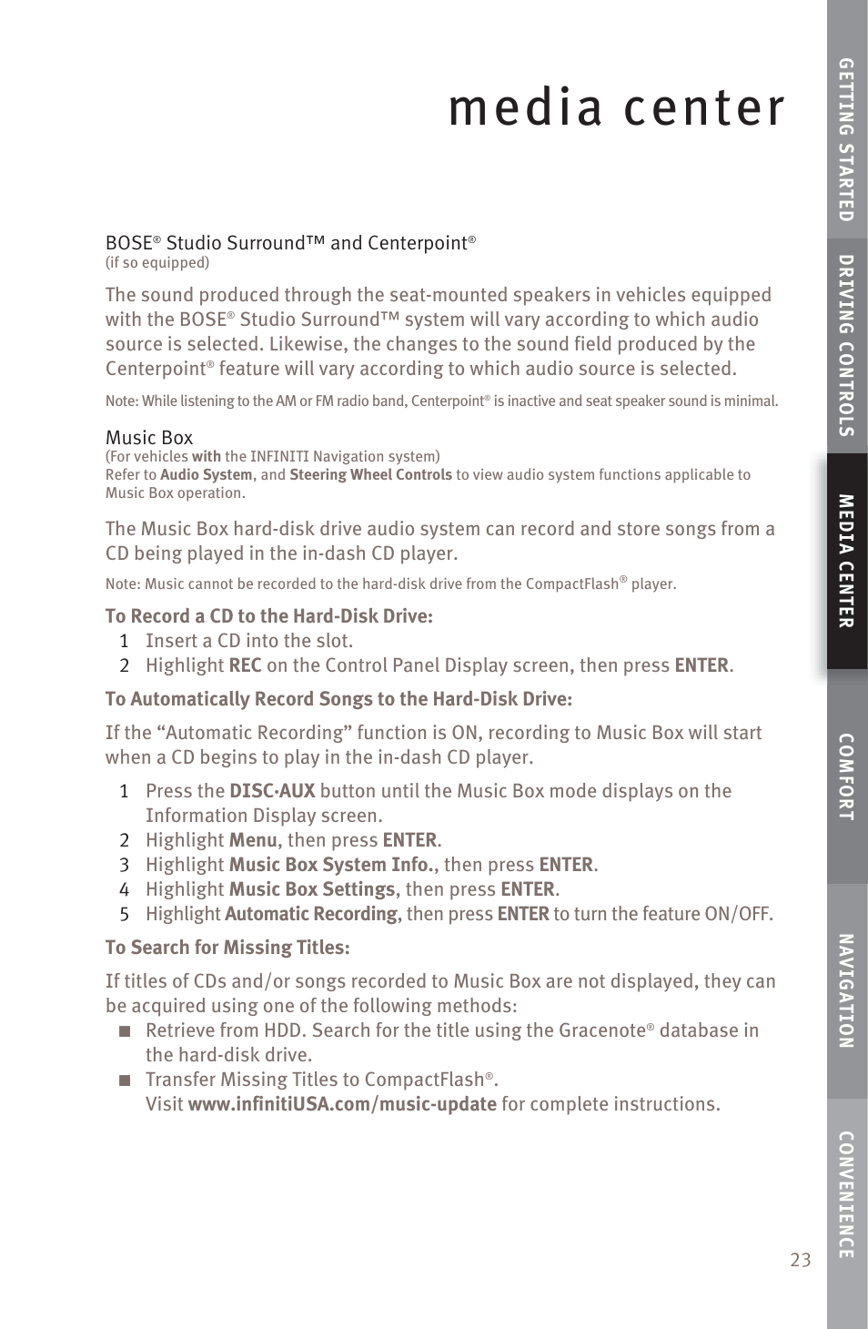 Media center | Infiniti M45 User Manual | Page 25 / 48