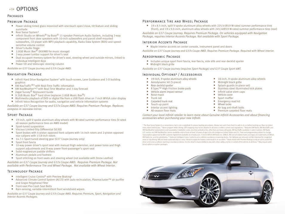 Options, Performance tire and wheel package, Interior accents package | Aerodynamic package, Individual options, Accessories, Packages premium package, Navigation package, Sport package, Technology package | Infiniti COUPE G37 User Manual | Page 4 / 5