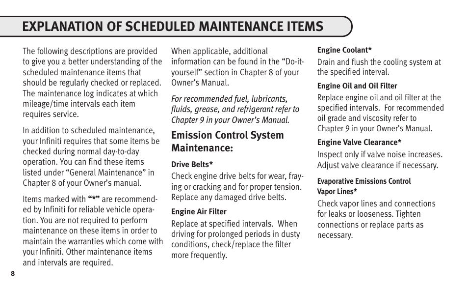 Explanation of scheduled maintenance items | Infiniti Automobile User Manual | Page 10 / 47