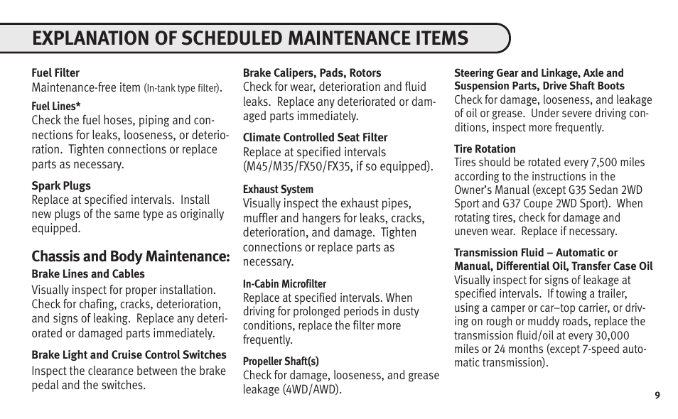 Explanation of scheduled maintenance items, Chassis and body maintenance | Infiniti Automobile User Manual | Page 11 / 47