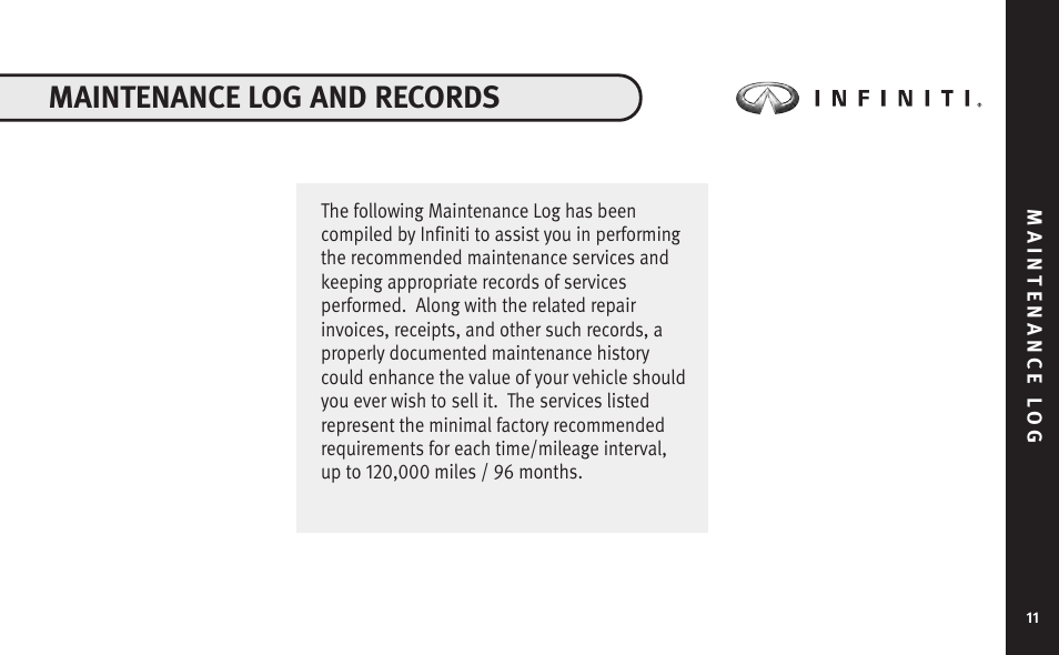 Maintenace log and records, Maintenance log and records | Infiniti Automobile User Manual | Page 13 / 47