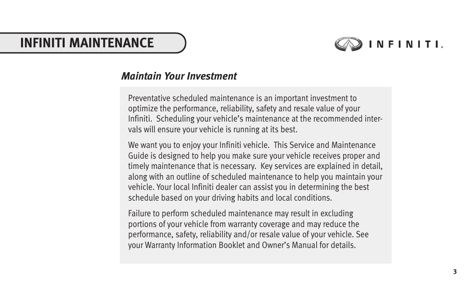 Infiniti maintenance | Infiniti Automobile User Manual | Page 5 / 47