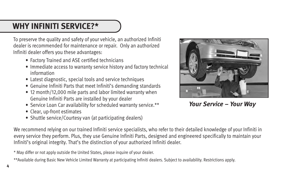 Why infiniti service | Infiniti Automobile User Manual | Page 6 / 47