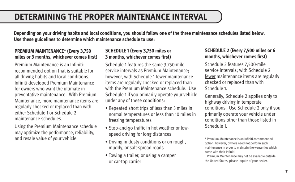 Determining the proper maintenance interval | Infiniti Automobile User Manual | Page 9 / 47