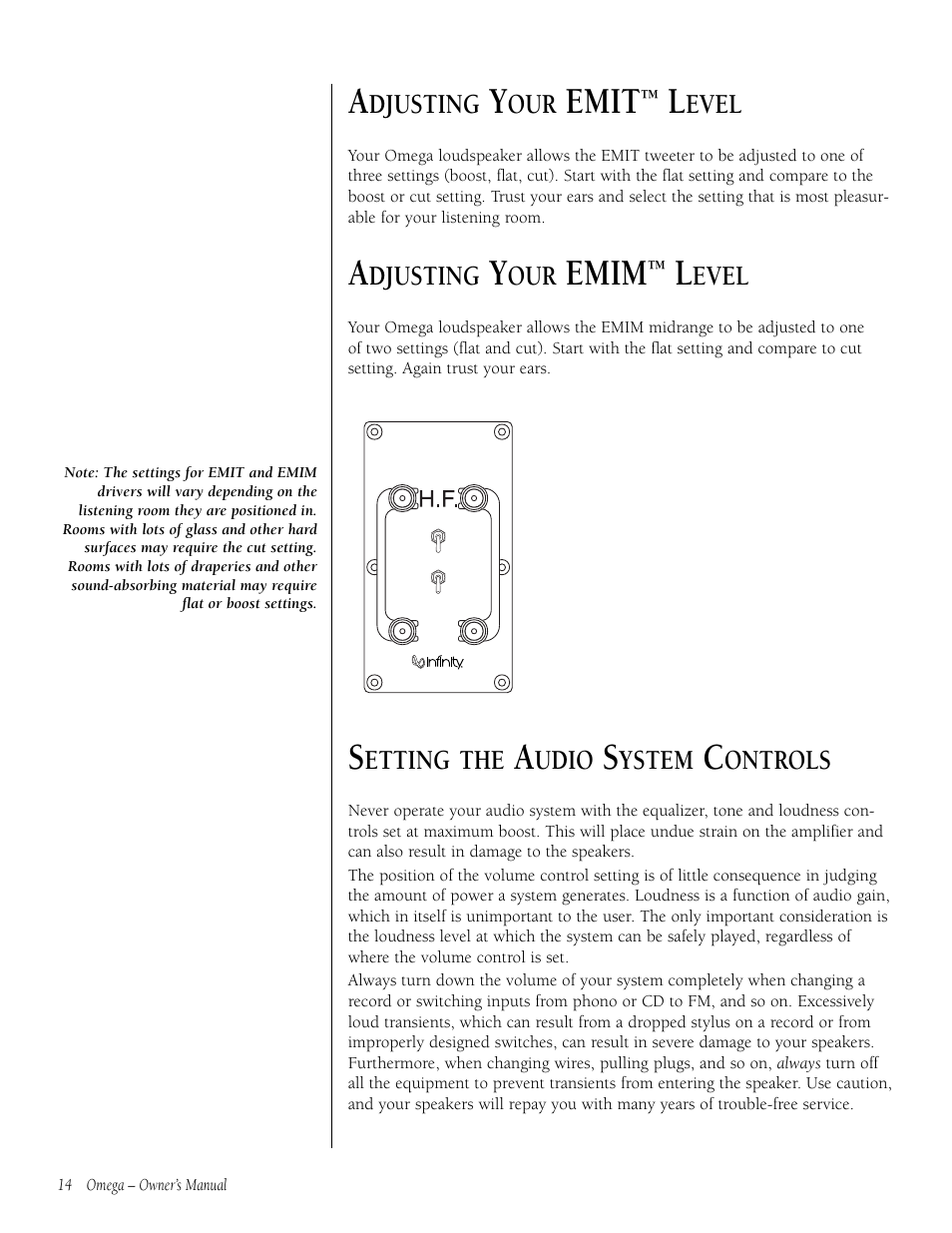 Emit, Emim, Djusting | Evel, Etting the, Udio, Ystem, Ontrols | Infiniti OMEGA 9301297-001 User Manual | Page 14 / 16