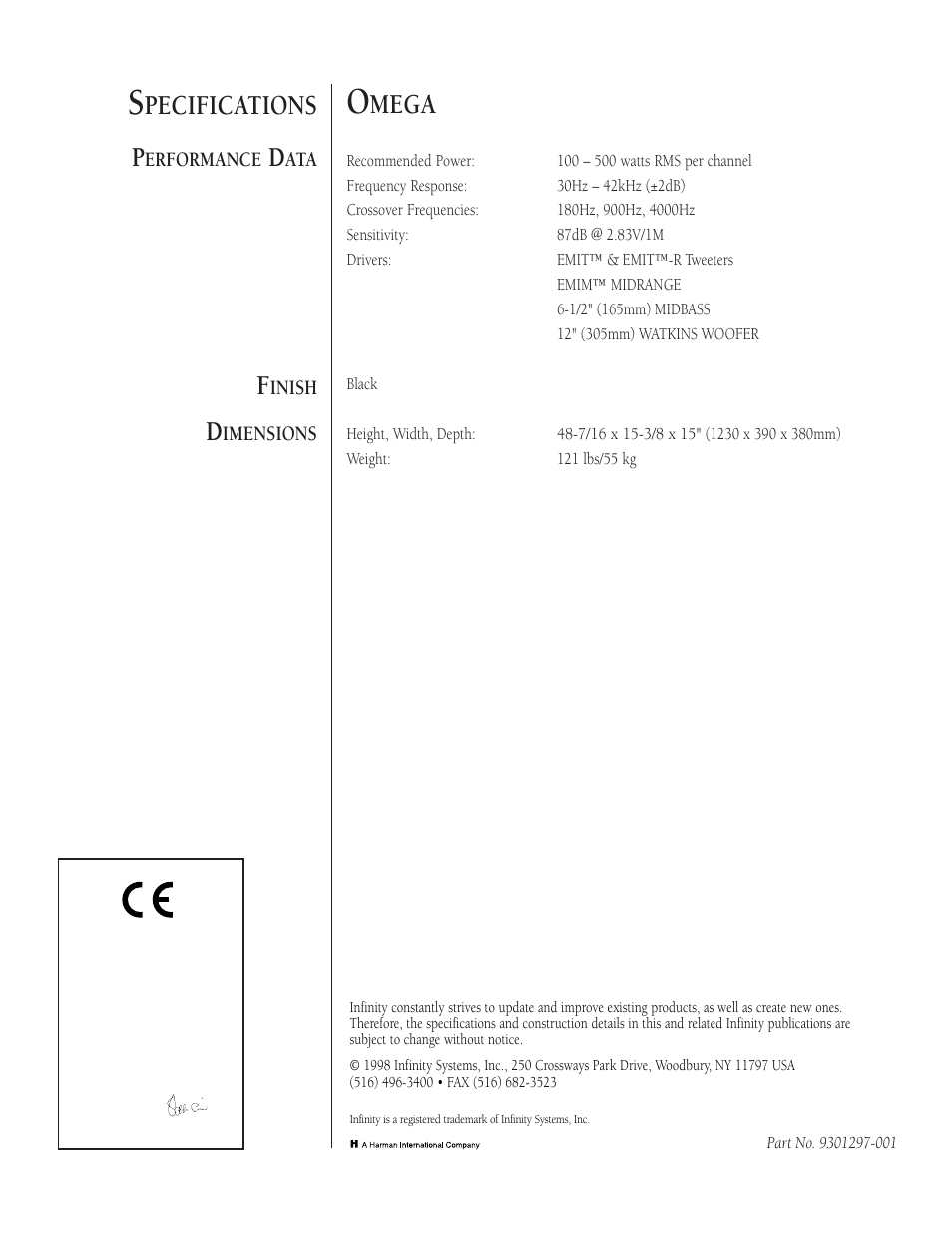 Pecifications p, Mega, Erformance | Inish, Imensions | Infiniti OMEGA 9301297-001 User Manual | Page 16 / 16