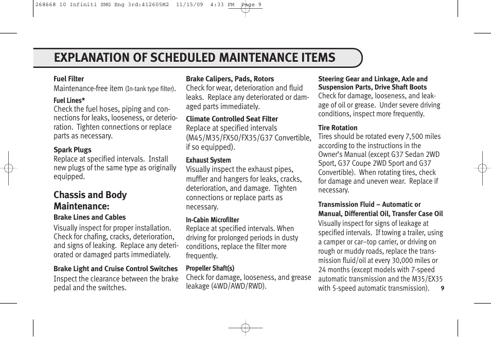 Explanation of scheduled maintenance items, Chassis and body maintenance | Infiniti M35 User Manual | Page 10 / 52