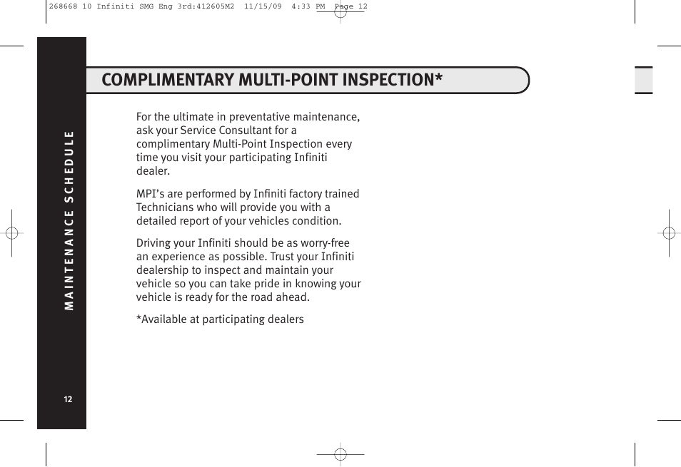 Complimentary multi-point inspection | Infiniti M35 User Manual | Page 13 / 52