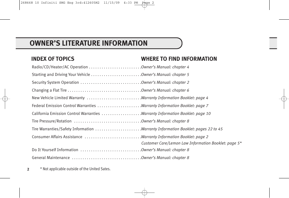 Owner's literature information, Owner’s literature information, Index of topics where to find information | Infiniti M35 User Manual | Page 3 / 52