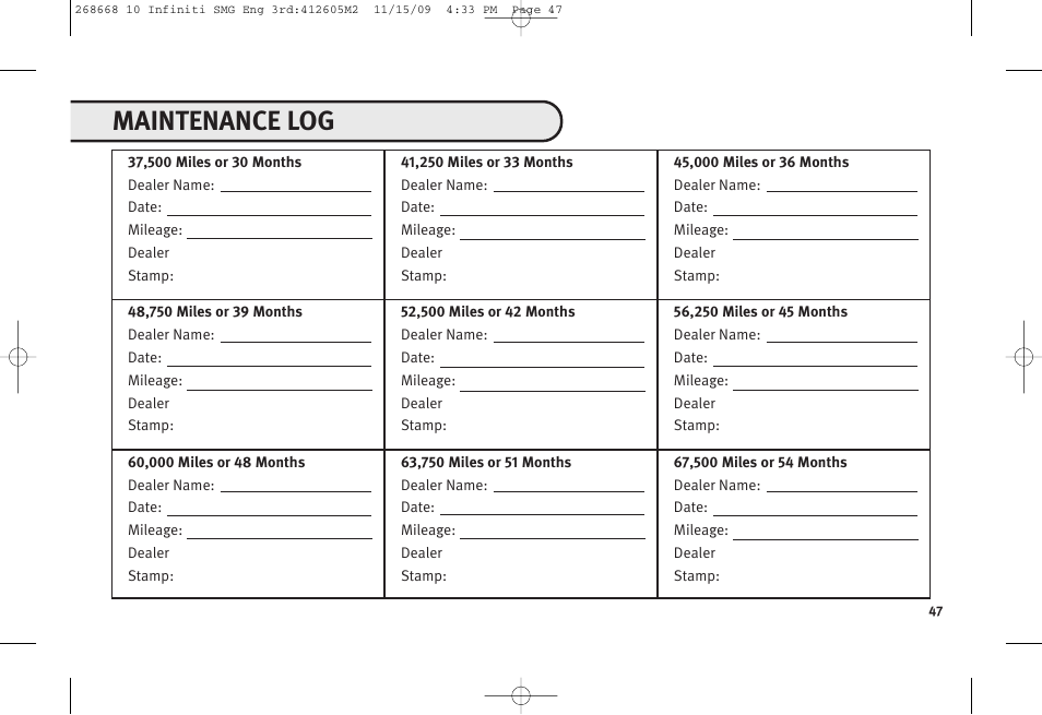 Maintenance log | Infiniti M35 User Manual | Page 48 / 52