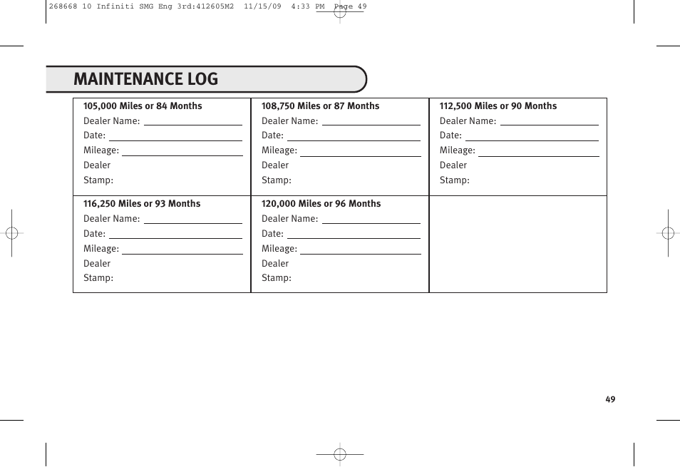 Maintenance log | Infiniti M35 User Manual | Page 50 / 52