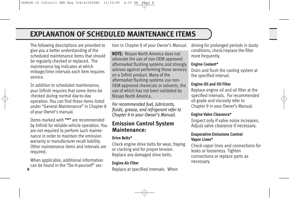 Explanation of scheduled maintenance items, Emission control system maintenance | Infiniti M35 User Manual | Page 9 / 52