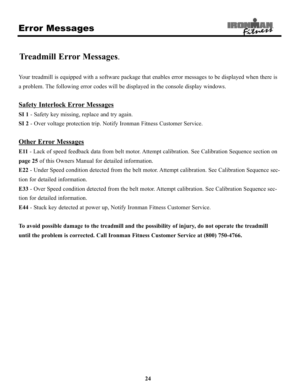 Error messages treadmill error messages | Ironman Fitness 320t User Manual | Page 24 / 31