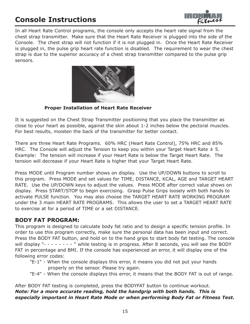 Body fat program, Console instructions | Ironman Fitness Achiever User Manual | Page 15 / 23