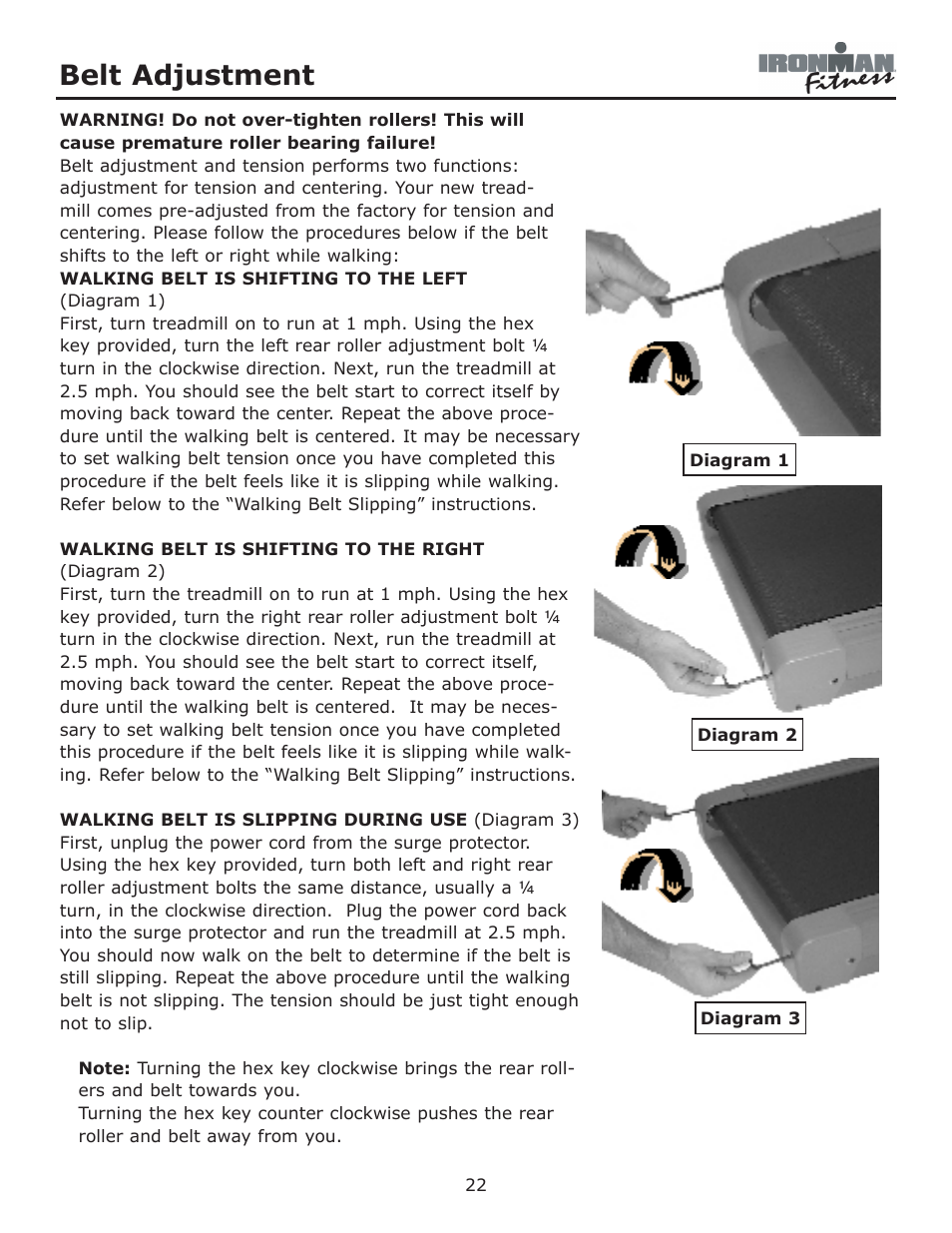 Belt adjustment | Ironman Fitness Envision User Manual | Page 22 / 32