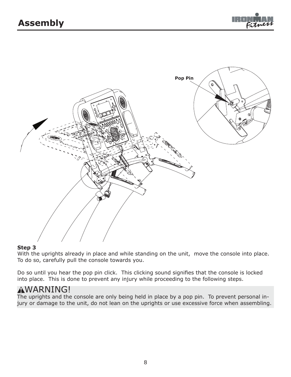 Assembly, Warning | Ironman Fitness Envision User Manual | Page 8 / 32