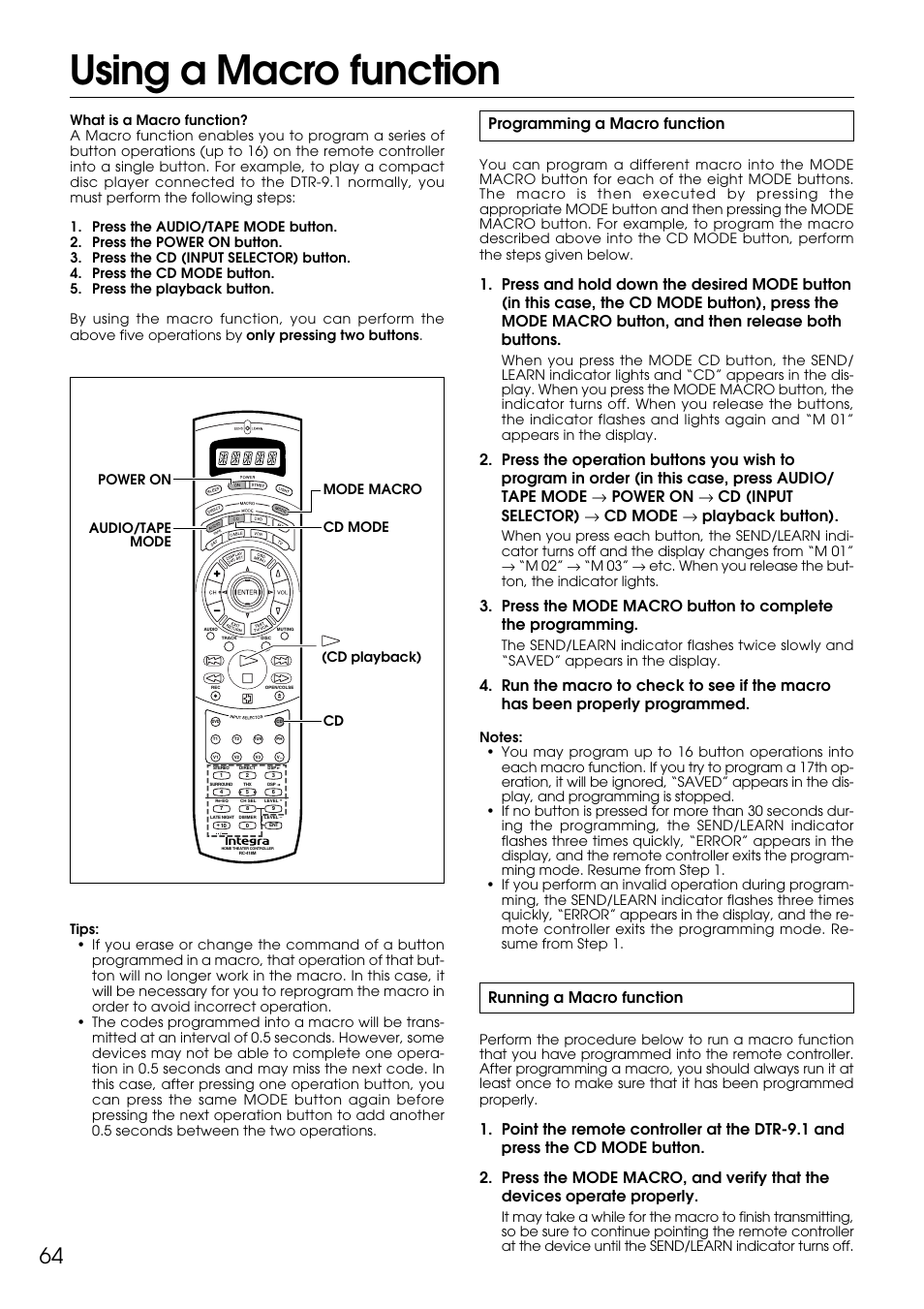 Using a macro function, Programming a macro function, Running a macro function | Integra DTR-9.1 User Manual | Page 64 / 92