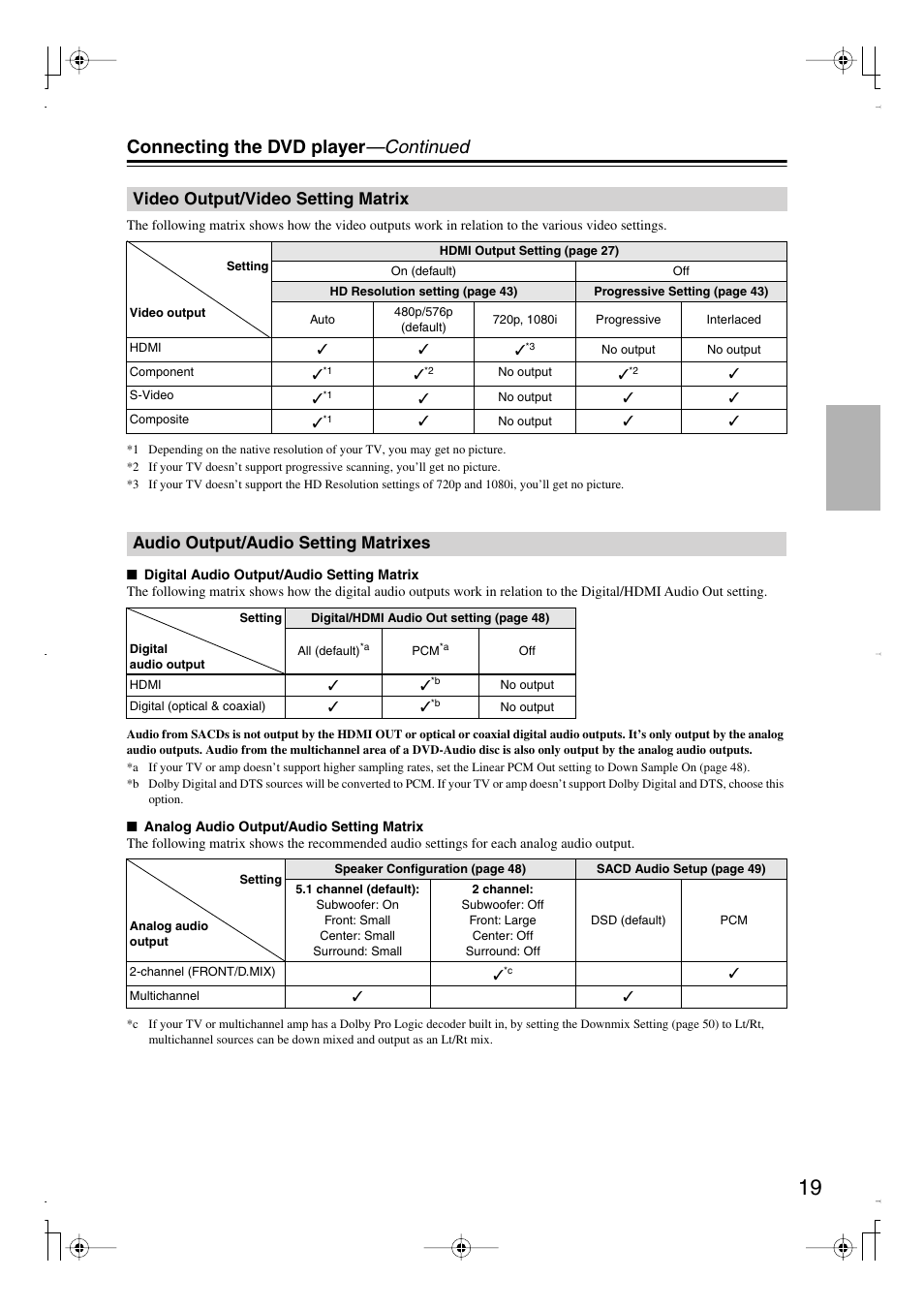 Connecting the dvd player —continued, Video output/video setting matrix, Audio output/audio setting matrixes | Integra DPS-6.7 User Manual | Page 19 / 64