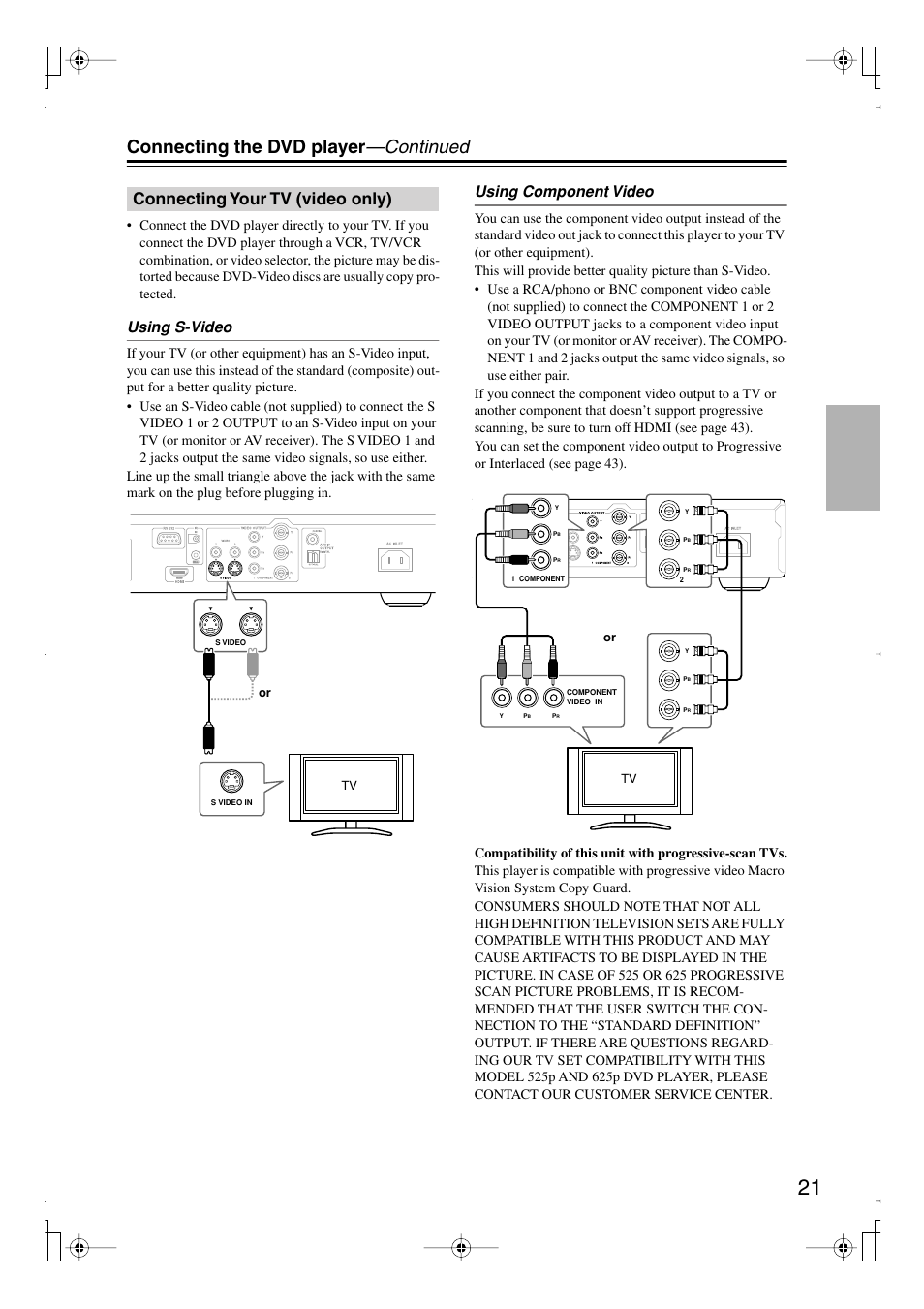 Connecting the dvd player —continued, Connecting your tv (video only), Using s-video | Using component video | Integra DPS-6.7 User Manual | Page 21 / 64
